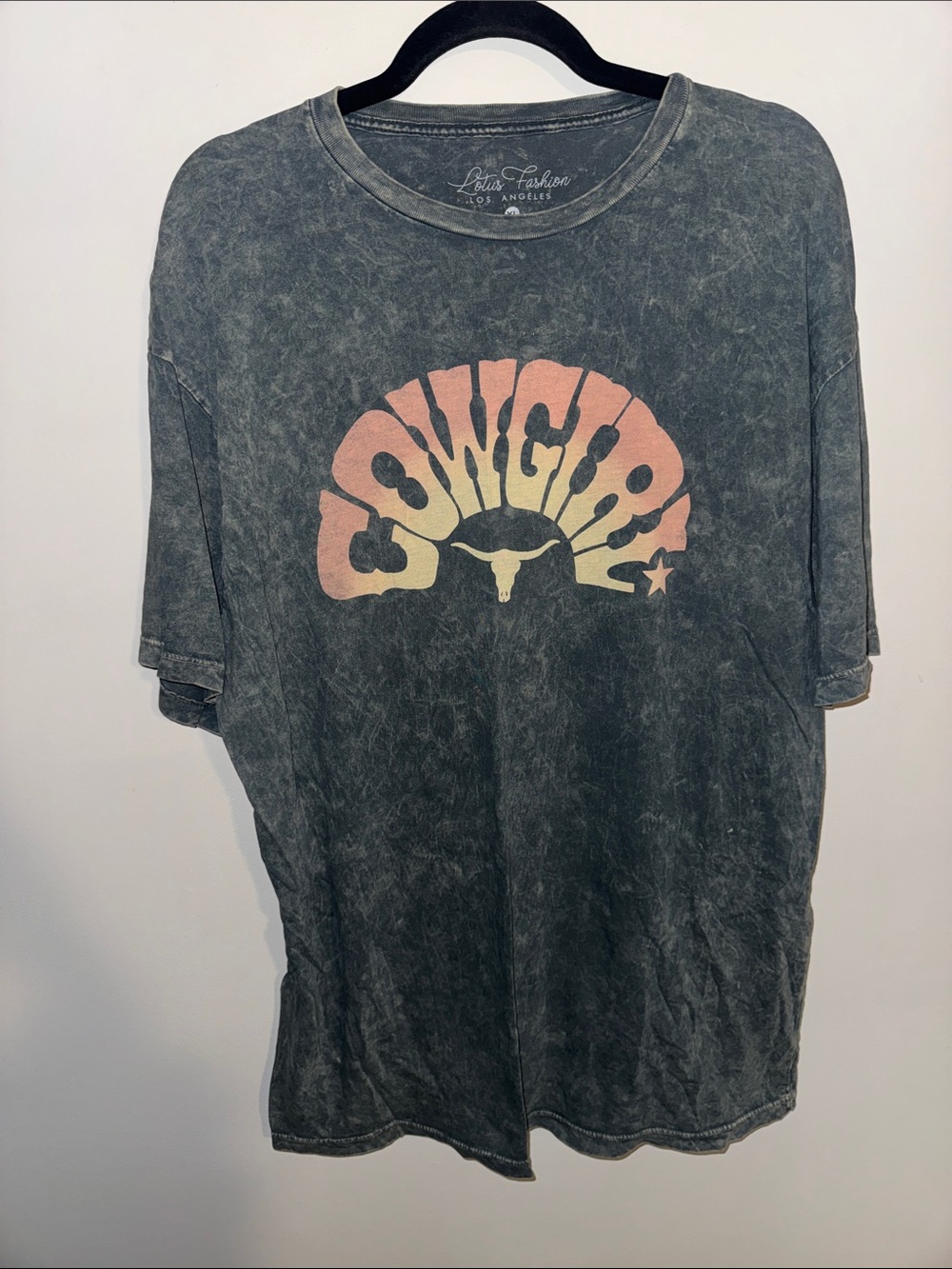 Lotus Fashion Cowgirl Graphic Tee - Washed Black with Sunset Print